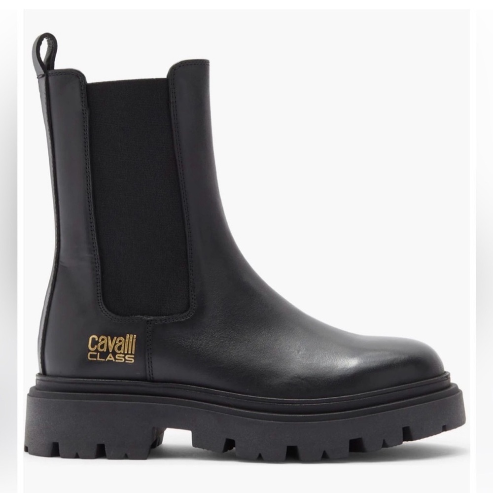 Cavalli Class Black Leather Chelsea Lug Booties with Gold Logo